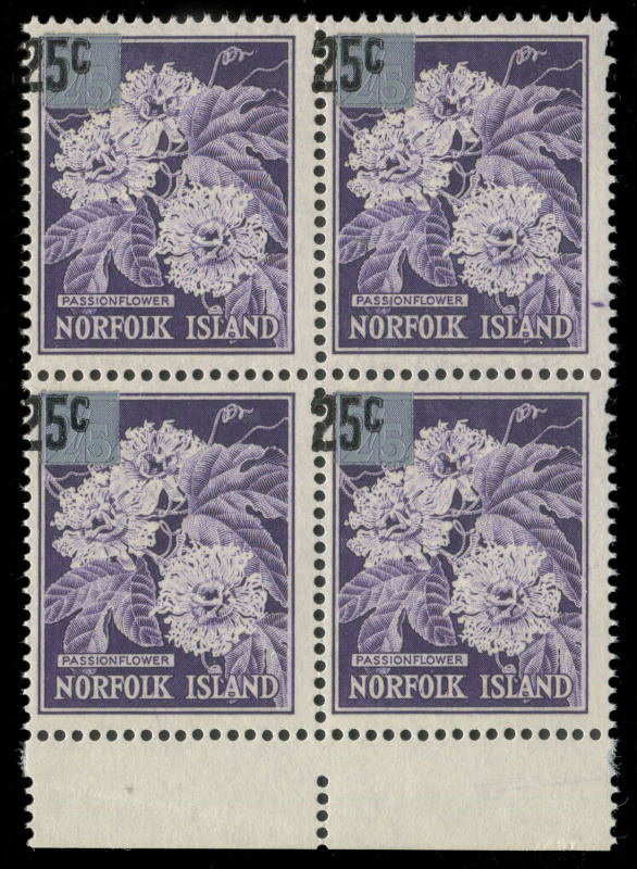 NORFOLK ISLAND: 1966 Decimal Surcharges '25c' on 2/5d Passionflower (SG.68 var.) with the Surcharge Misplaced to Left marginal block of (4) from the base of the sheet, MUH.