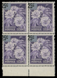 NORFOLK ISLAND: 1966 Decimal Surcharges '25c' on 2/5d Passionflower (SG.68 var.) with the Surcharge Misplaced to Left marginal block of (4) from the base of the sheet, MUH.