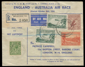 COMMONWEALTH OF AUSTRALIA: Aerophilately & Flight Covers: October 1934 (AAMC.433) England-Australia MacRobertson Air Race cover carried by the winning entry DH66 Comet 'Grosvenor House' in a total elapsed time of 71 hours and signed by both pilots "CWA Sc
