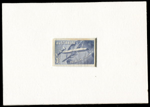 COMMONWEALTH OF AUSTRALIA: Other Pre-Decimals: 1958 QANTAS 2/- dull blue die proof in the issued colour, recessed in presentation mount [BW #340DP(1)] with boxed CBA Note Printing Branch h/s on the reverse endorsed "17 /20.8.57", Cat $3500; also a block o