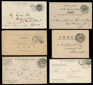 VICTORIA - Frank Stamps: VICTORIA - Frank Stamps: Various printed Franks on Envelopes x5 including two penalty types (one to UK with oval 'VICTORIA/[crown]/OFFICIAL PAID' h/s) & a very scarce unused 'POSTMASTER-GENERAL' in red; and a very scarce group of 