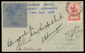 COMMONWEALTH OF AUSTRALIA: Aerophilately & Flight Covers: THE LAST FLIGHT OF THE "SOUTHERN CROSS"18 July 1935 (AAMC.515) cover #17 bearing the special vignette and signed by all 7 aboard this historic short flight from Mascot to Richmond; the pilots, Char
