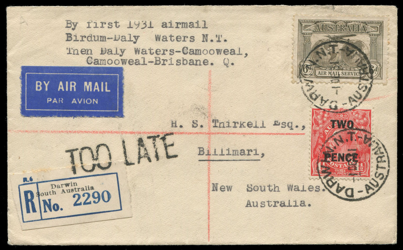 COMMONWEALTH OF AUSTRALIA: Aerophilately & Flight Covers: 3 Dec.1931 (AAMC.228) (Darwin) - Birdum - Daly Waters, registered cover flown by QANTAS to connect these centres during the rainy season when the overland route was under water. [Only 20 flown]. Ca