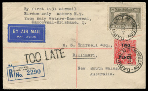 COMMONWEALTH OF AUSTRALIA: Aerophilately & Flight Covers: 3 Dec.1931 (AAMC.228) (Darwin) - Birdum - Daly Waters, registered cover flown by QANTAS to connect these centres during the rainy season when the overland route was under water. [Only 20 flown]. Ca