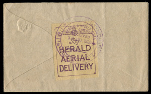 COMMONWEALTH OF AUSTRALIA: Aerophilately & Flight Covers: 1920 (July 30) Melbourne-Traralgon [AAMC #47] KGV 1½d brown 'Star' Envelope cancelled on arrival with 'TRARALGON/30JL20/VIC' cds, purple/yellow 'By Herald Aerial Delivery' vignette tied to the reve