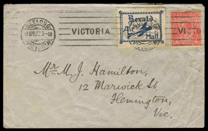 COMMONWEALTH OF AUSTRALIA: Aerophilately & Flight Covers: 1922 (April 17) Geelong-Melbourne AAMC #64 cover carried on the return flight of the Herald & Weekly Times experimental service with KGV 2d red and blue 'Herald/Air Mail' label (Frommer #5a) affixe