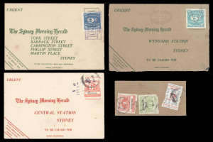 NEW SOUTH WALES: Revenues (New South Wales): Revenues (New South Wales): RAILWAY STAMPS: circa 1950-53 Sydney Morning Herald envelopes with 6d pink 'BURWOOD', or 'GOVERNMENT TRAMWAYS' 6d turquoise or 9d dull blue; also piece with 3c & 30c + Commonwealth R