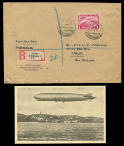 GERMANY - Aerophilately & Flight Covers: 1934 registered cover to New Zealand with Zeppelin 'Chicagofahrt/Weltaustellung/1933' overprint 1Mk red Mi #496 tied 'BERLIN/23.3.34/FRIEDENAU 2' d/s and R label alongside, partial Italian 'AMBULANT...' TPO b/s, M