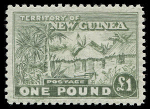 NEW GUINEA: FORGERY: 1925 £1 Huts, dull green perforated and with gum MVLH; well centred. An expert creation by master-forger Angelo Panelli.