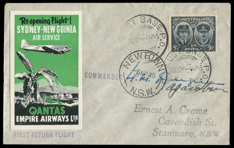 COMMONWEALTH OF AUSTRALIA: Aerophilately & Flight Covers: 4 April 1945 (AAMC.1003) Lae (New Guinea) to Sydney flown cover, carried for QANTAS and signed by the pilots, H.H. Deignan & A. Jacobson on the DC3 re-opening service following the defeat of Japan