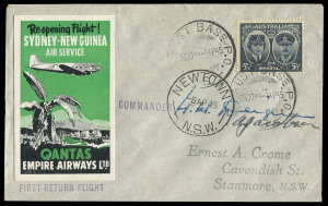 COMMONWEALTH OF AUSTRALIA: Aerophilately & Flight Covers: 4 April 1945 (AAMC.1003) Lae (New Guinea) to Sydney flown cover, carried for QANTAS and signed by the pilots, H.H. Deignan & A. Jacobson on the DC3 re-opening service following the defeat of Japan 