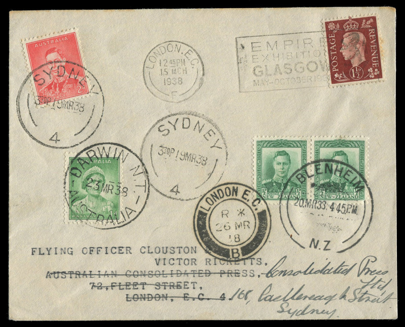 COMMONWEALTH OF AUSTRALIA: Aerophilately & Flight Covers: A NEW RECORD FOR THE ROUND TRIP: 15-26 March 1938 (AAMC.801a) England - Australia - New Zealand - Australia - England, flown cover carried by Clouston & Ricketts in a DH88 "Australian Anniversary"