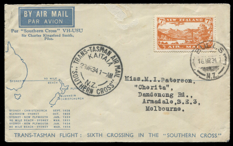 COMMONWEALTH OF AUSTRALIA: Aerophilately & Flight Covers: KINGSFORD SMITH'S THIRD CROSSING OF THE TASMAN: 13 Jan.1934 (AAMC.350) Australia to New Zealand cover, flown by Kingsford Smith in the famous "Southern Cross"; and signed by his crew members, John