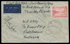 PAPUA - Aerophilately & Flight Covers:25 Feb.1939 (AAMC.P142) Port Moresby - Thursday Island - Darwin flown cover, carried by Eddy & Kelly (and signed by the former) in their Grumman Amphibian. Pilot signed covers from this flight are particularly scarce.