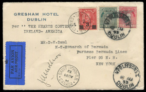 IRELAND: TRANS-ATLANTIC FLIGHT BY JIM MOLLISON: 1932 (Aug 18) Ireland - Canada - United States per the Scottish aviator James Mollison in De Havilland "Puss Moth" flown cover with 'GRESHAM HOTEL/DUBLIN' imprint at U/L, Ireland Map 1d & 2d tied by bold 'UP