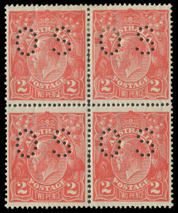 COMMONWEALTH OF AUSTRALIA: KGV Heads - Single Watermark: 2d Scarlet (SG.63), perforated OS blk.(4) very well centred and fresh; 2 MUH, 2 Mint. Minor perf. seperations. UL unit with variety "CE of PENCE joined at base". BW Cat.$470+.