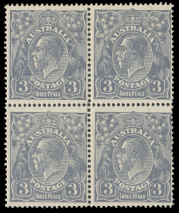 COMMONWEALTH OF AUSTRALIA: KGV Heads - Small Multiple Watermark Perf 14: 3d Ultramarine (Die 1a) block.(4) yielding two Type A+B horizontal pairs [BW.106c] Cat.$750; UR unit with variety BW.106(3,4)j "White spot over king's head (Type B)"; MUH.