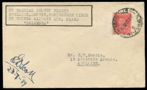 COMMONWEALTH OF AUSTRALIA: Aerophilately & Flight Covers: 22 July 1939 (AAMC.874) Adelaide - Darwin - Dili (Timor) - Adelaide flown cover, carried aboard the Guinea Airways survey flight to Portuguese Timor; this example signed by the on-board radio opera
