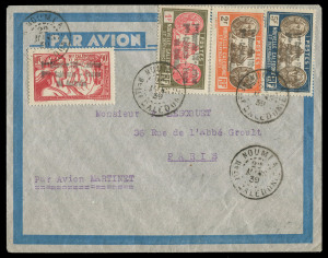 COMMONWEALTH OF AUSTRALIA: Aerophilately & Flight Covers: 24 March 1939 (AAMC 845) Noumea (New Caledonia) - France flown cover, carried by French aviator Henri Martinet in his Caudron "Le Aiglon"; all 4 adhesives with the semi-official handstamp "1er Cour