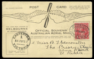 COMMONWEALTH OF AUSTRALIA: Aerophilately & Flight Covers: 20-27 February 1917 (AAMC.13) Casterton to Melbourne flown souvenir card, carried by Basil Watson in his home-built bi-plane. With a delightful hand-wrirren message referring to Watson's flying exh