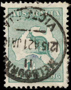 1/- Blue-Green, WATERMARK INVERTED; with MELBOURNE Jan.1914 cds. Scarce. BW:30Ca - $500.