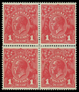 COMMONWEALTH OF AUSTRALIA: KGV Heads - Single Watermark: 1918 ONE PENNY RED DIE III ON WAR SAVINGS PAPER: Deep red G110 with Kiss Print BW: 75Bca evident on all units of a block of (4), well centred, the central vertical perfs reinforced, Cat $6000+.