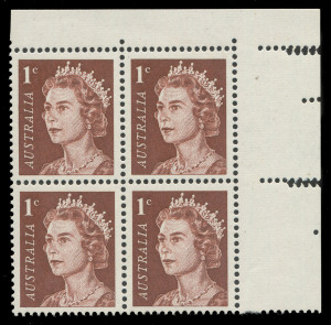 COMMONWEALTH OF AUSTRALIA: Decimal Issues: 1966-73 (SG.382) 1c red-brown QEII, top right cnr. block (4) with variety "double perforations" in the right margin. MUH