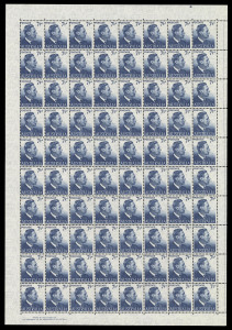 COMMONWEALTH OF AUSTRALIA: Other Pre-Decimals: 1951 (SG.251 var.) 7½d blue KGVI, complete left pane with imprint on THIN PAPER; BW.257a - $6000. (80) - the imprint block must be worth the modest estimate! MUH.