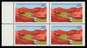 COMMONWEALTH OF AUSTRALIA: Decimal Issues: 1976 (SG.629a) 35c Wittenoom Gorge with error 'purple (distant hills) omitted' in a left marginal block of 4; BW.749c, Cat.$16,000. SG.£7000. A normal block accompanies this rare multiple. Only one other blk.4 kn