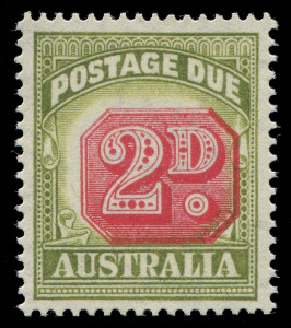 COMMONWEALTH OF AUSTRALIA: Postage Dues: 1946-57 (SG.D121) 2d Bright-Carmine & Deep Yellow-Green with "Misplaced centre" variety. Most attractive. [BW.D131c].MUH. Cat.$175.