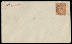 COMMONWEALTH OF AUSTRALIA: Aerophilately & Flight Covers: 29 Dec.1921 (AAMC.57b/c) cover flown from MARBLE BAR to NARROGIN, endorsed "Per 1st Aerial Mail", intended for the first southbound non-contract flight by WAA from Derby to Perth, abandoned due to 