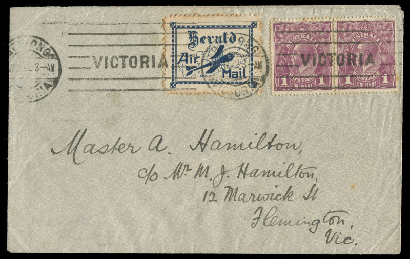 COMMONWEALTH OF AUSTRALIA: Aerophilately & Flight Covers: 17 April 1922 (AAMC.64) Geelong - Melbourne cover, flown by Captain Roy King or Captain A.W. Vigars for The Herald & Weekly Times; with special blue vignette "Herald Air Mail" affixed & postmarked