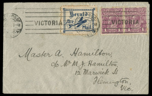 COMMONWEALTH OF AUSTRALIA: Aerophilately & Flight Covers: 17 April 1922 (AAMC.64) Geelong - Melbourne cover, flown by Captain Roy King or Captain A.W. Vigars for The Herald & Weekly Times; with special blue vignette "Herald Air Mail" affixed & postmarked 