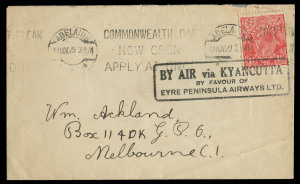 COMMONWEALTH OF AUSTRALIA: Aerophilately & Flight Covers: 19 Nov.1929 (AAMC.145) Streaky Bay - Adelaide cover, flown for Eyre Peninsula Airways Ltd. flown via Kyancutta with special boxed cachet. Cat.$550.