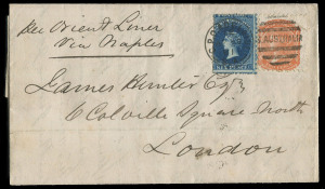 SOUTH AUSTRALIA - Postal History: 1881 (April 28) entire from Adelaide to G.B. with 6d Prussian blue + 2d orange tied by GPO ADELAIDE duplex. Endorsed "per Orient Liner via Naples", carried by the "Lusitania" direct to Naples. Rate: 8d per ½oz via Naples.