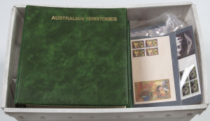 COMMONWEALTH OF AUSTRALIA: General & Miscellaneous: Large carton containing untidy accumulation on-paper, FDCs in album pages, loose covers, an Australian Territories collection in S.Seas hingeless album, some loose stamps and other items.