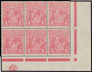COMMONWEALTH OF AUSTRALIA: KGV Heads - Large Multiple Watermark: ONE PENNY RED COOKE PRINTINGS: Plate 4 1d carmine-pink 'JBC' Monogram block of 6 (3x2) with Run 'N' (Second State; Retouched) BW #73(4)zb, the monogram slightly trimmed at the base, hinge re