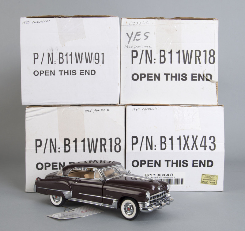 FRANKLIN MINT: Four 1/24 scale American cars including, Cadillac, Chevrolet, Pontiac; model numbers B11WW91, B11W18, B11XX43; all mint and boxed.