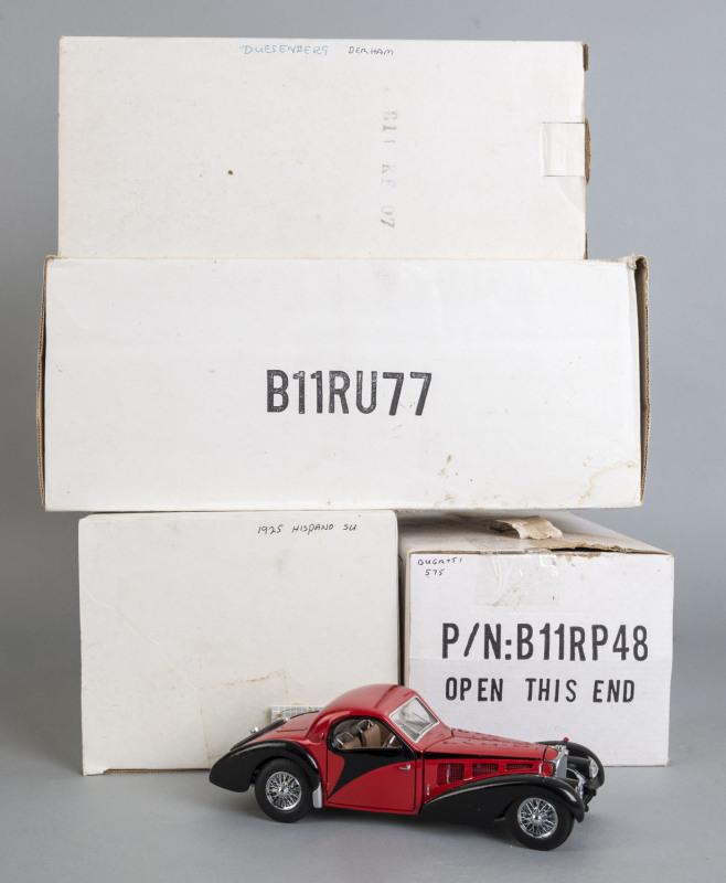 FRANKLIN MINT: Four 1/24 scale luxury cars including Bugatti, Duesenberg, Hispano Suiza; model numbers include B11RV47, B11 RP48; all mint and boxed.