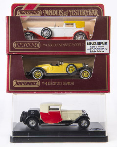 MATCHBOX: "Models of Yesteryear" colour trial models - Y-14 1931 Stutz Bearcat with yellow body, grey chassis; Y-24 1928 T44 Bugatti with ivory bonnet and roof, red doors; together with Y-4 Duesenberg Model 'J' Code 3 repaint.