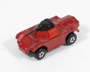 MATCHBOX: 1970s ‘Rolamatics’ Weasel Armoured Car Pre-production Colour Trial (73) – Metallic Red Body, Metallic Emerald Green Base With ‘Pat App 12174/72’ Text, Green Plastic Axle Clip, Orange Plastic Spinner, 5-Spoke Wheels. Mint and unboxed.