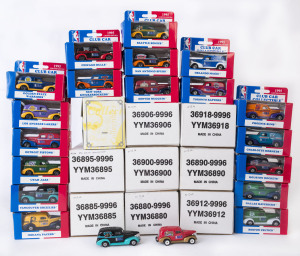 MATCHBOX: A collection of approximately twenty-seven Matchbox NBA cars covering teams such as the Charlotte Hornets, Boston Celtics, Utah Jazz; all mint in opened original packaging.