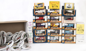 MATCHBOX: A collection of MB44 Model 'T' Fords with various liveries including 'Goodyear', 'Kraft', 'Vegemite'; together with 'Farnham Maltings' badges; all models mint and with opened original packaging.