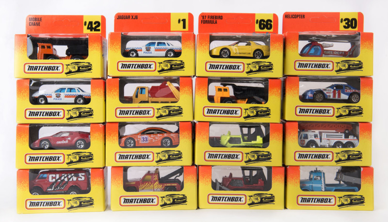 MATCHBOX: A group of approximately fifty-five Matchbox cars including MB1 Jaguar XJ6, MB30 Helicopter, MB 66 97' Firebird; all mint and boxed.