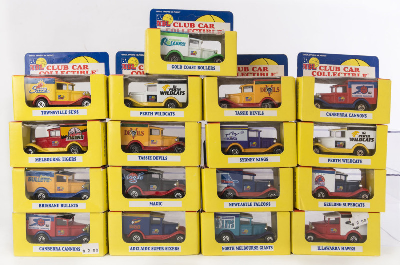 MATCHBOX: A group of Matchbox Club Car Collectibles MB-38 vans with liveries from the NBL; all mint in opened original packaging.