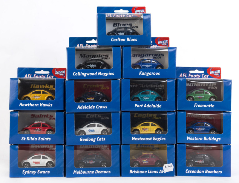 MATCHBOX: A group of fifteen Matchbox V.W. Beetle cars with AFL liveries; all mint in opened original packaging.