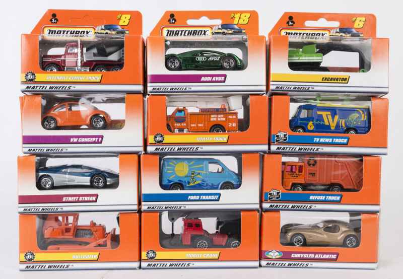 MATCHBOX: A large group of approximately 74 Matchbox cars in orange boxes including Audi Avus, Chrysler Atlantic, VW Concept 1; all mint and boxed.