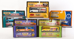 MATCHBOX: Eight Matchbox "Star Car Buses" including buses depicting series/films from "I Dream of Jeannie", "Austin Powers", "Jaws"; all mint in opened original packaging, plus three others. 