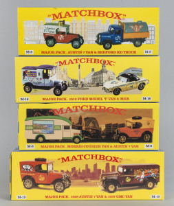 MATCHBOX: Four Matchbox Major Packs including M-8 Morris Courier Van and Austin 7 Van, M-9 Austin 7 VA and Bedford KD Truck, M-16 1912 Ford Model "T" Van and MGB, M-19 1928 Austin 7 Van and 1937 GMC Van; all mint and boxed.