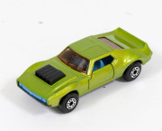 MATCHBOX: Hard to Find 1970s AMX Javelin (9) – Metallic Dark Lime Green, Blue Interior, Black Hood Scoop, Bare Metal Base and 5-Arch Wheels. Mint and unboxed.